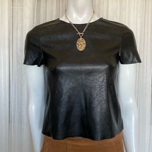 H&M Divided faux leather black, short sleeves top! Satin ribbon details Size 2